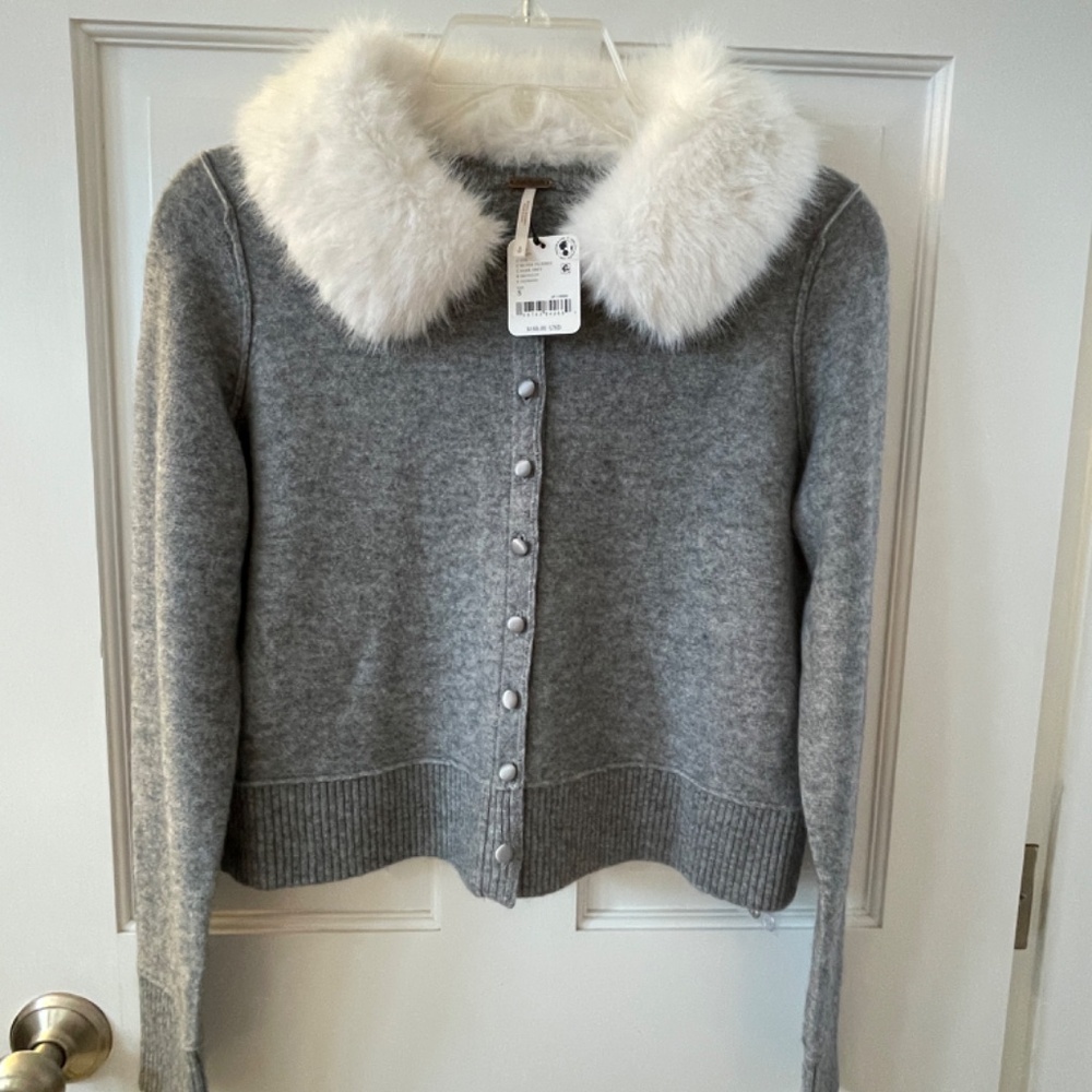 NWT Free People Nocturnal Faux Fur Collar Cardi Sz Small Silver Filigree $168